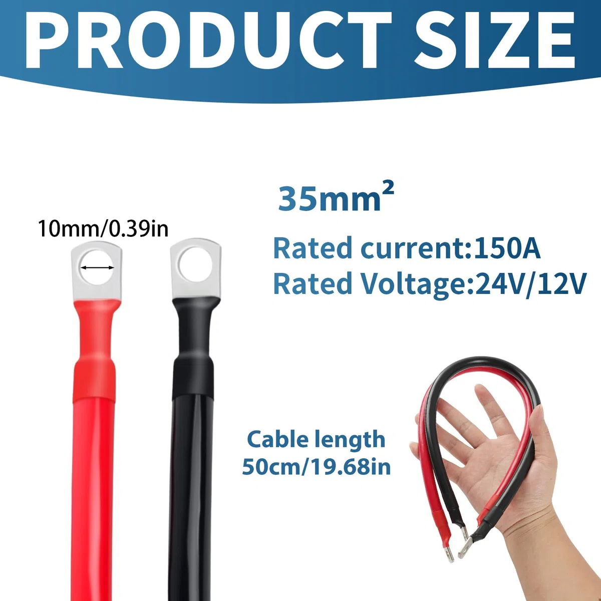 2 Piezas 50cm 35mm² Cables de Baterías, 12V 2AWG Cables para Inversor de Batería con Terminales de Anillo M10, Cable Resistente de 50 cm, Cable de Batería Cobre, para Automóvil, Camión (Negro,Rojo)