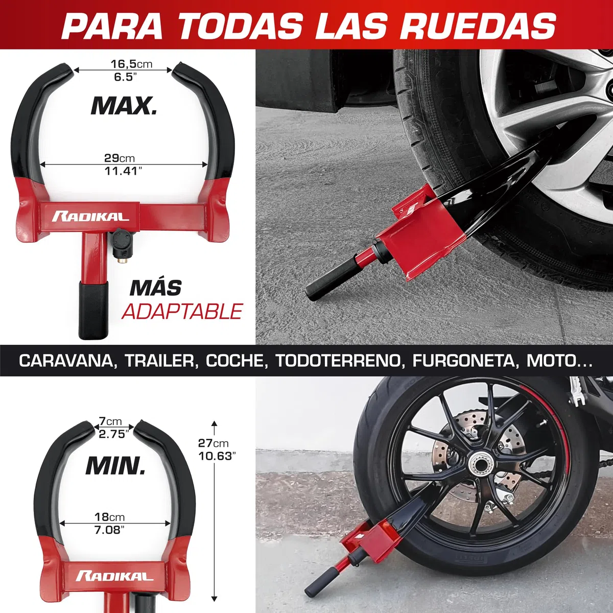 RADIKAL RK1001 Cepo Antirrobo Rueda Coche, Universal Regulable 18-29cm, Cerradura Alta Seguridad, Antiarañazos, Antirobo Inmovilizador Abrazadera para Bloqueo Coche, Furgoneta, Caravana, Remolque