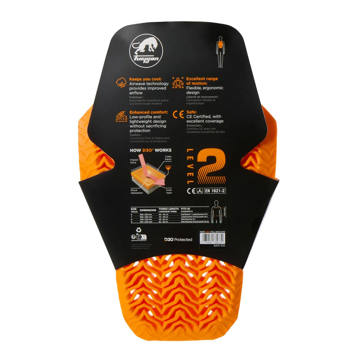 Furygan Full Back Fury D3O EVO - Protector de Espalda D3O homologado Nivel 2 - Protección certificada para Moto - Confort Ligero Flexible - Seguridad Ventilación