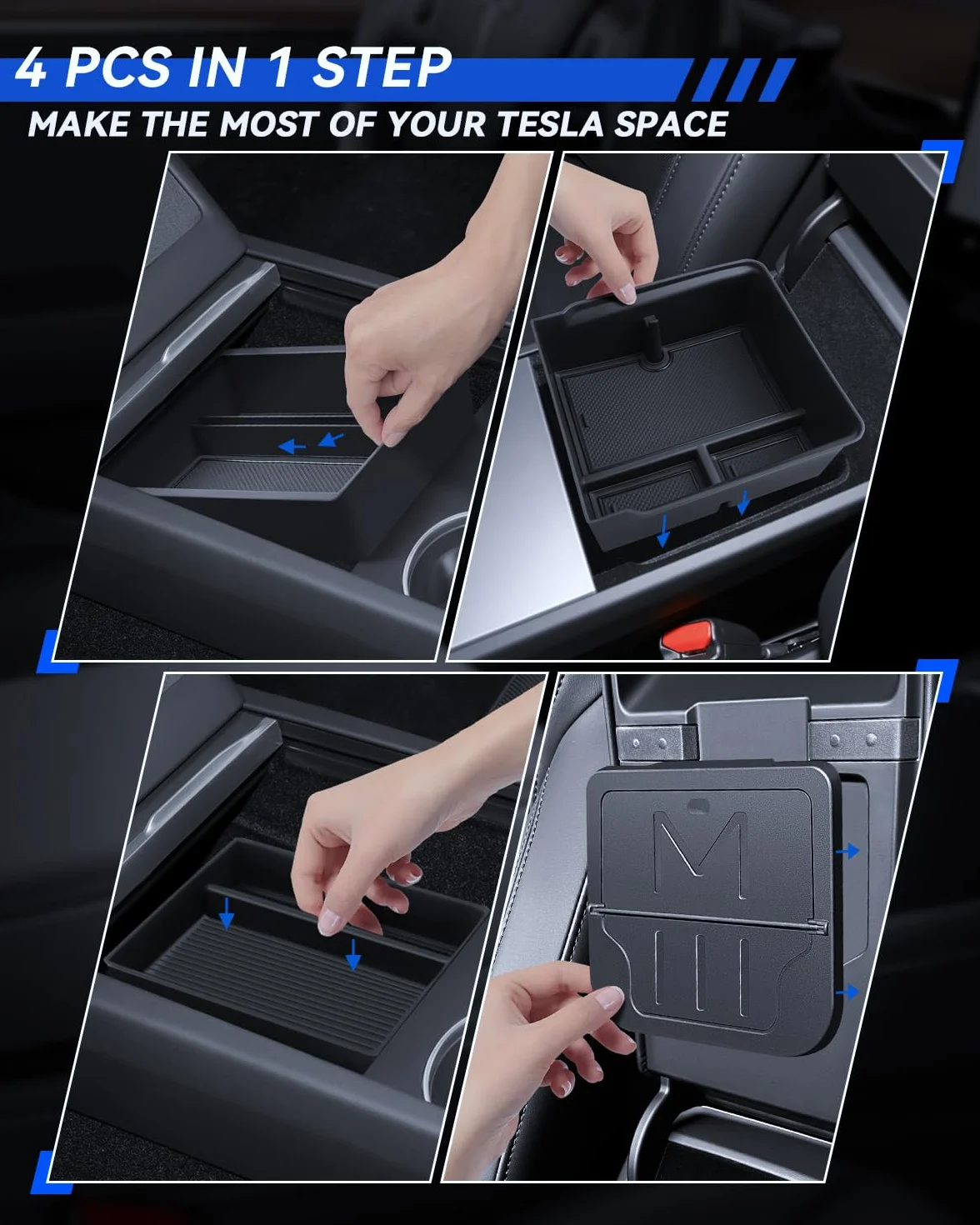 4 accesorios para Tesla Model 3 2024 organizador de consola central, bandeja organizadora de silicona, caja de almacenamiento para reposabrazos y caja oculta Tesla Model 3 2024 Highland