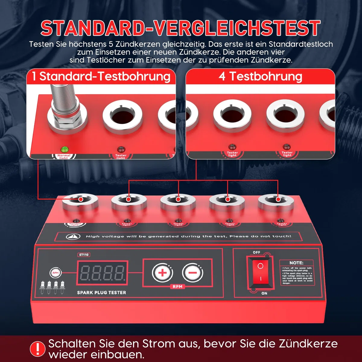 MRCARTOOL Comprobador de Bujías de Automóvil Analizador de Bujías con 5 Orificios de Prueba de 12mm y Pantalla LCD, Frecuencia Ajustable 200-9000RPM, para Vehículos de 12V, Bujía NGK y Platino