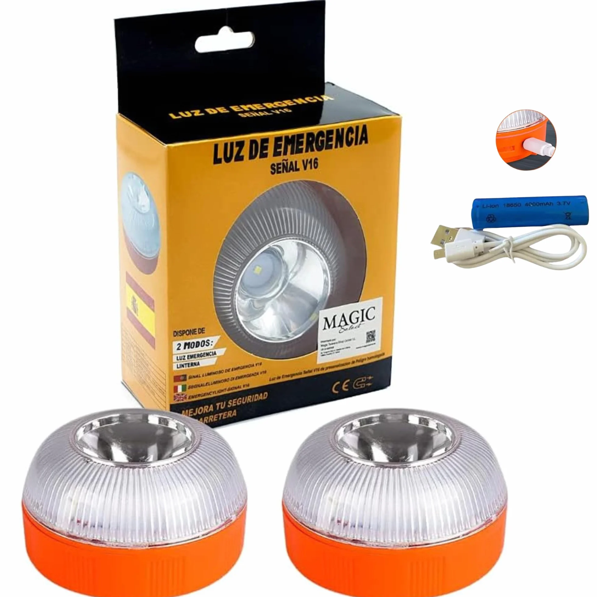 MAGIC SELECT 2X Luz de Emergencia V16 para Señalización en Carretera de Coche y Moto. Luz Amarilla Intermitente y Blanca Fija, Encendido Automático, Base Imantada y Batería Recargable. NO TIENE GPS