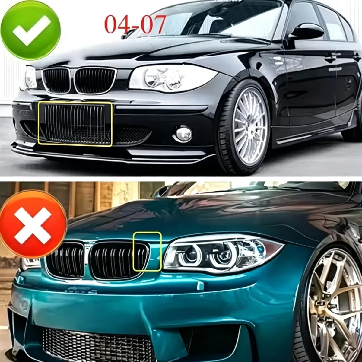 E81 E82 - Rejilla de radiador negra E87 para BMW Serie 1 E88 riñones parrilla brillante negro doble puente Sport 2004-2007 E81 E82 E87 E88 LCI-Facelift (para 1er E81 2004-2007 LCI)