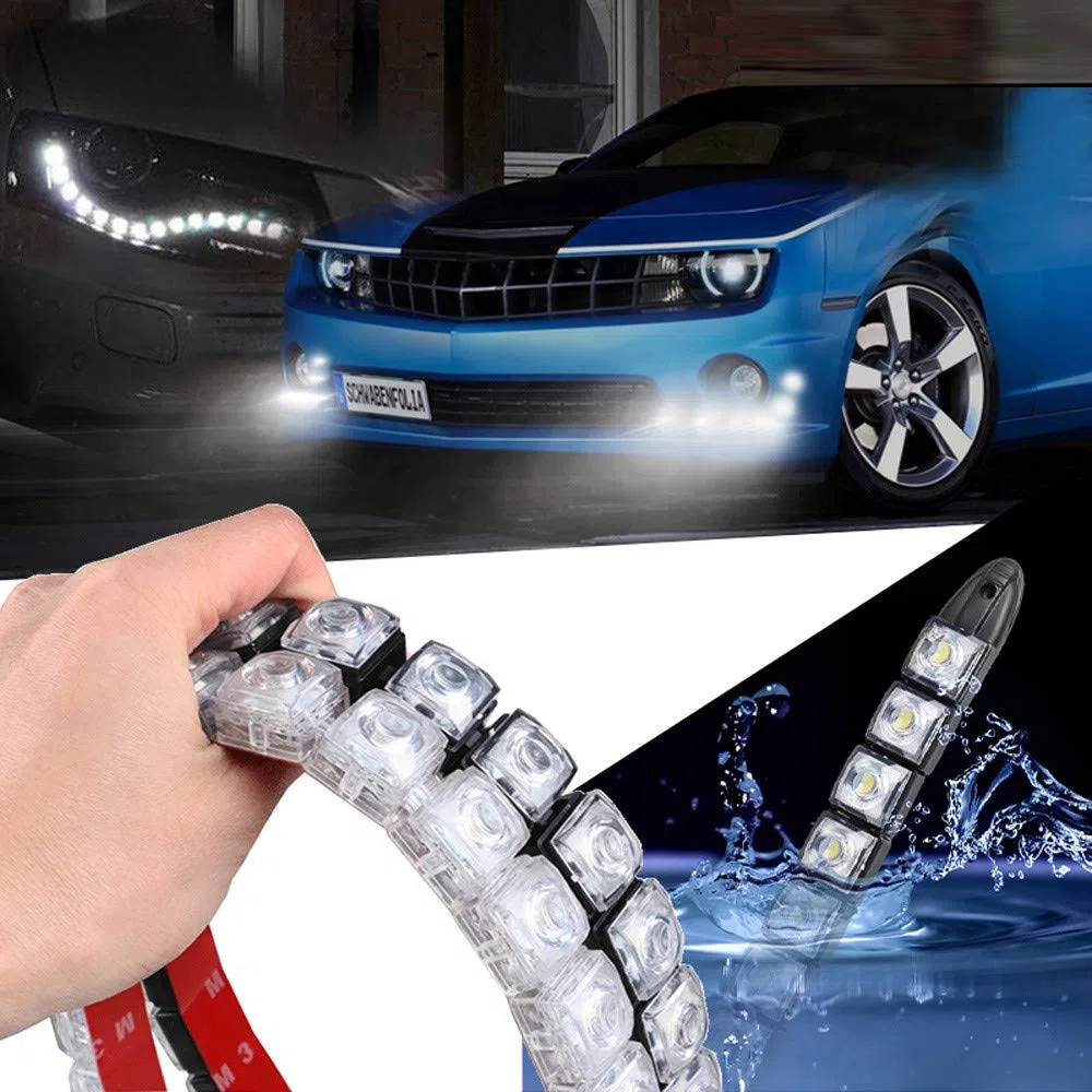 Riloer 2PCS Luz de Circulación Diurna para Coche, 12V 8-LED Blanco Brillante Impermeable DRL Luz Antiniebla Luz de Circulación Diurna Se Puede Doblar y Barra de Luz Ajustable Retráctil