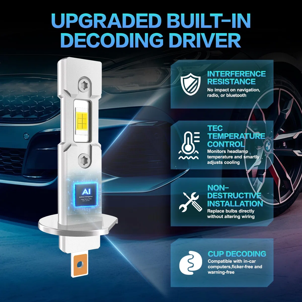 Sycreek Bombilla LED H1 Kit de Conversión, Doble Refrigeración de Cobre y Sin Ruido, Instalación H1 LED 1:1 Fácil, compatible con CANbus para Coches y Moto (9-24V)