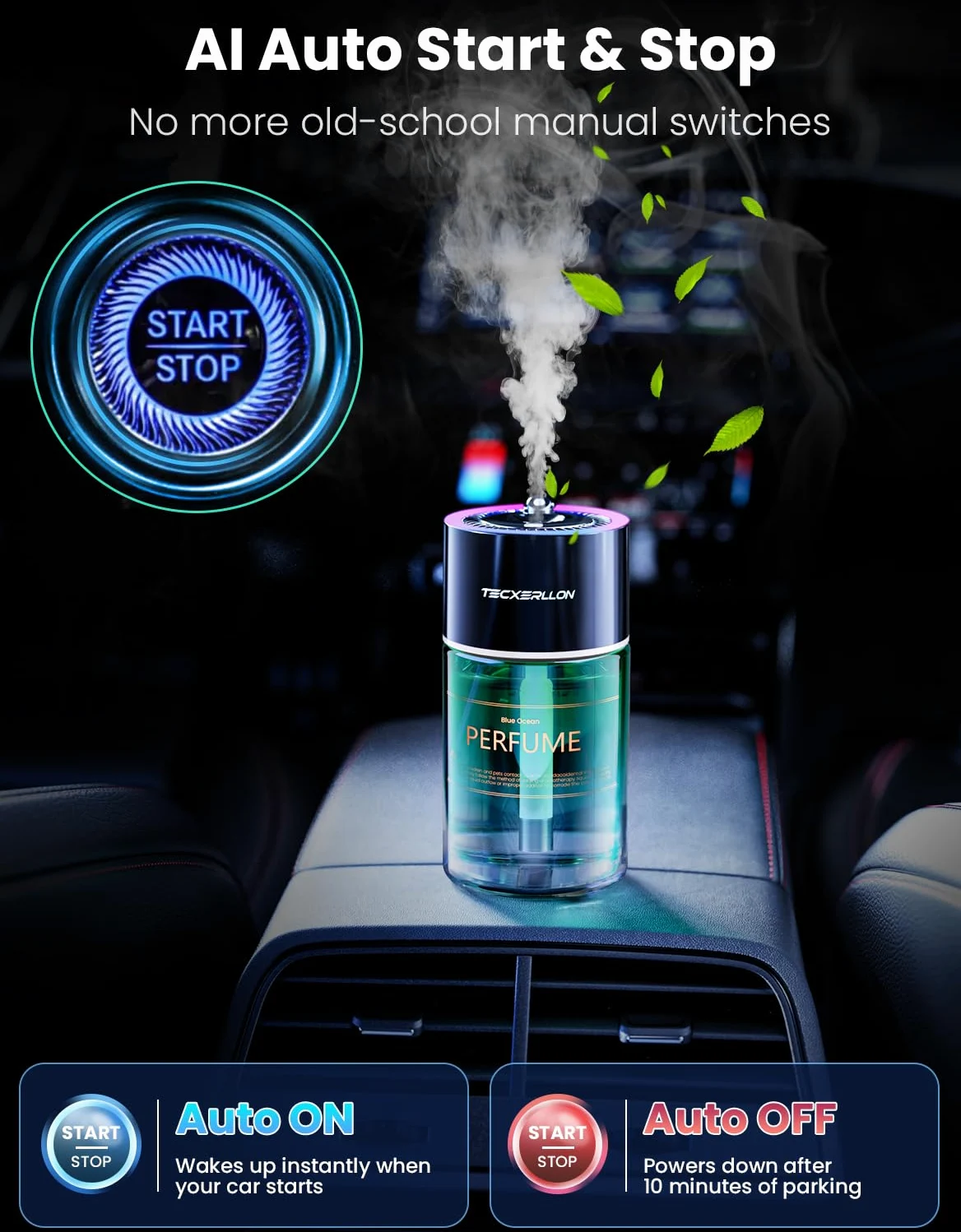 Difusor de Aroma para Coche con Luz RGB y Proyección Estrellada, 4 Modos de Fragancia, 120 Días de Uso, Recargable por USB-C, Auto Encendido/Apagado, Fragancia Oceánica, 120ML