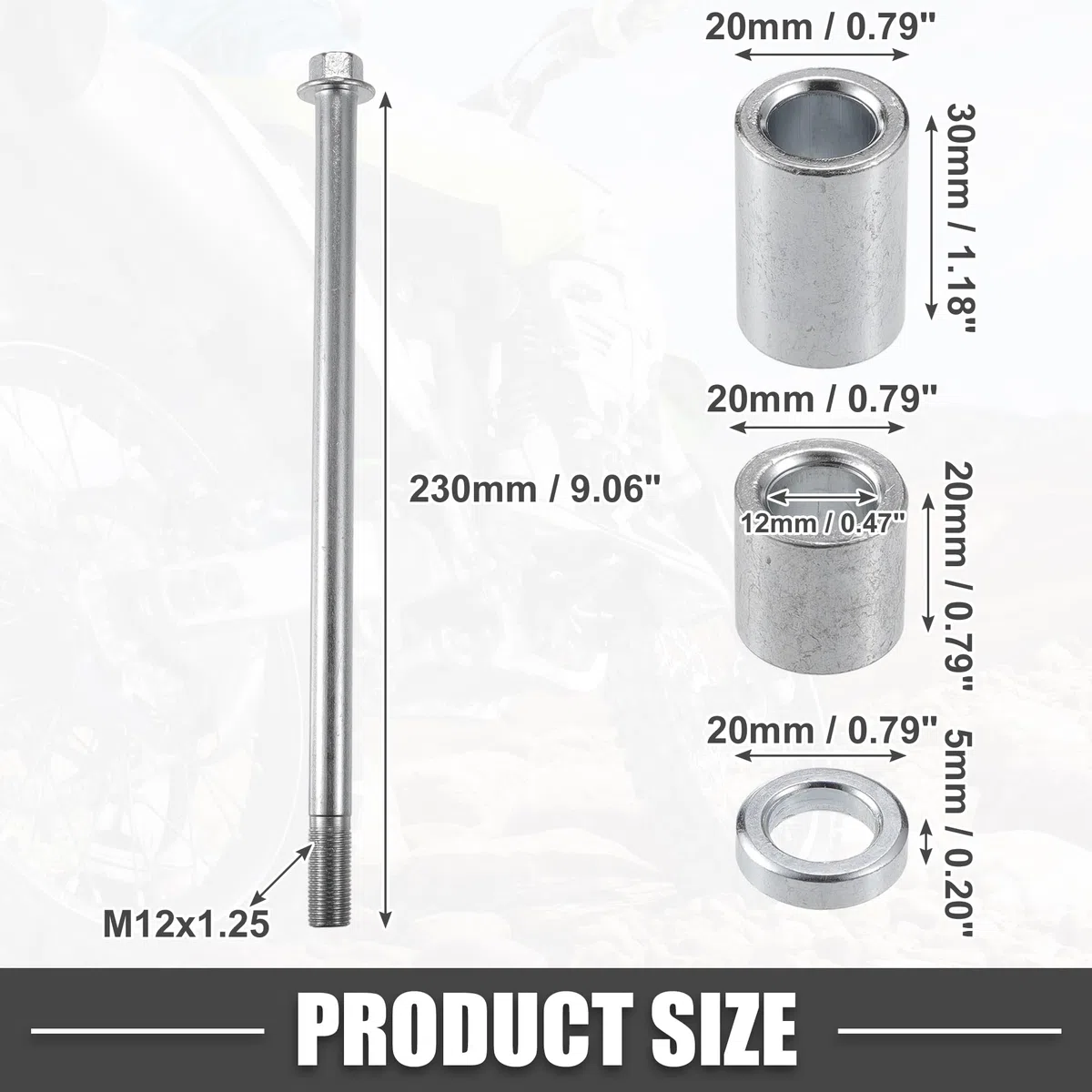 A ABSOPRO Eje de Rueda Delantera o Trasera de ATV con Casquillo y Tornillo M12 de 230mm