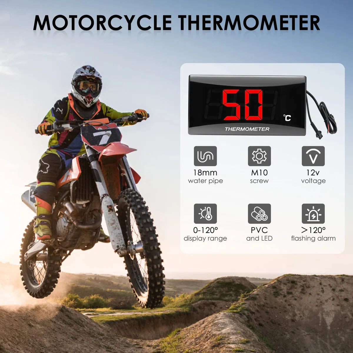 Termómetro digital para motocicleta Instrumentos Temperatura del agua Pantalla digital Medidor Medidor Adaptador de sensor, impermeable Adaptador de sensor de temperatura para KOSO (18MM-RED)