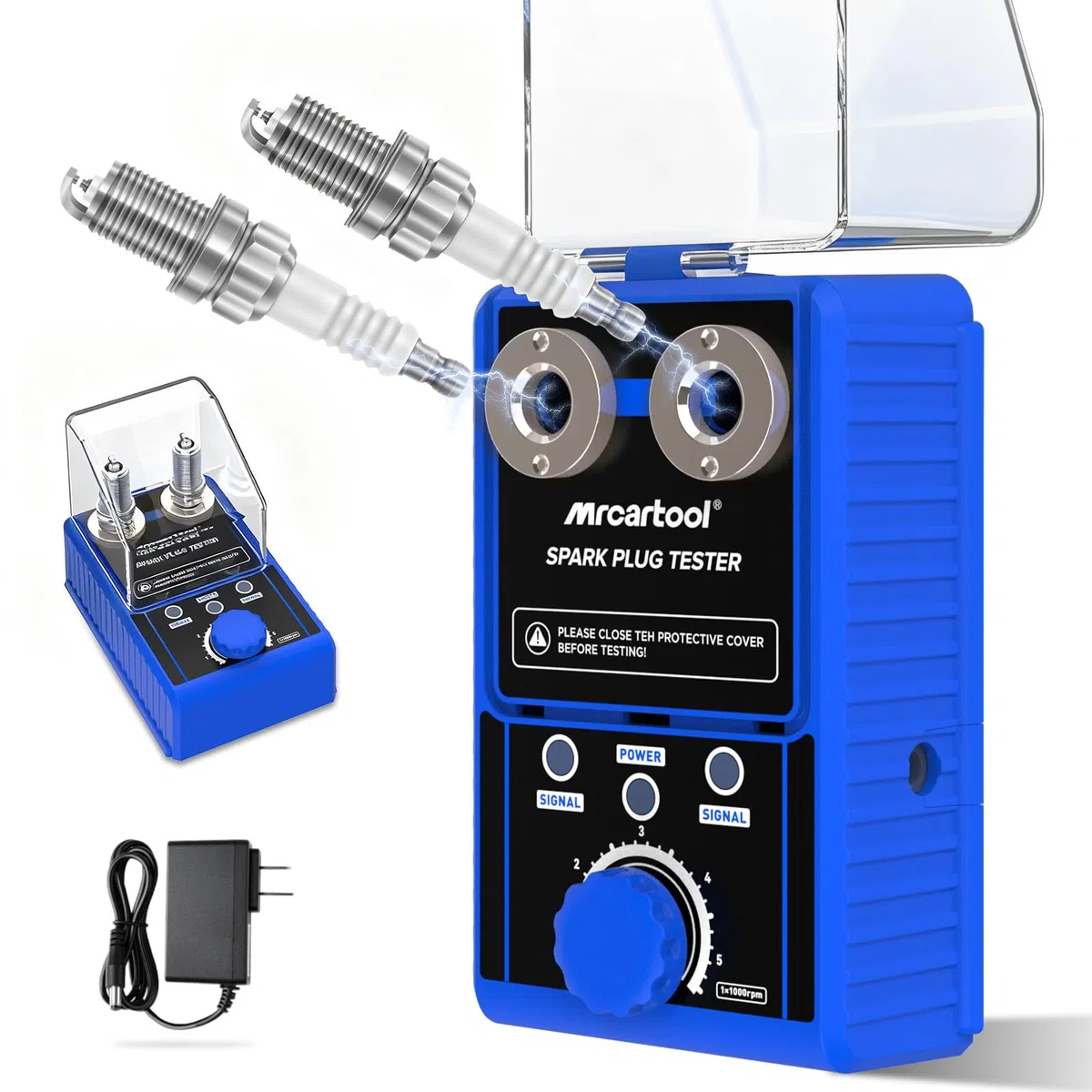 220V Comprobador de Bujías Coche, Doble Agujero Detector Analizador Bujías para 12V Gasolina Vehiculos Moto, 0-6000rpm Frecuencia Ajustable, para 12mm Bujías, Azul