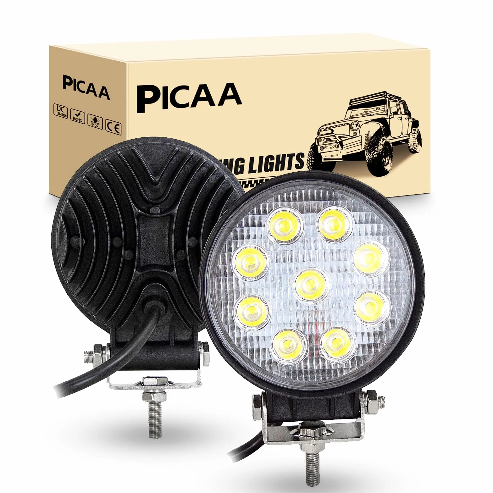 PICAA Foco de Trabajo LED 2PCS 4 Pulgadas 27W Ronda Luz de Inundación para Tractores 12V-24V 6000K IP68 Impermeable, Luz de Niebla para Coche, SUV, UTV, ATV, Off-road, Camión, Moto, Barco