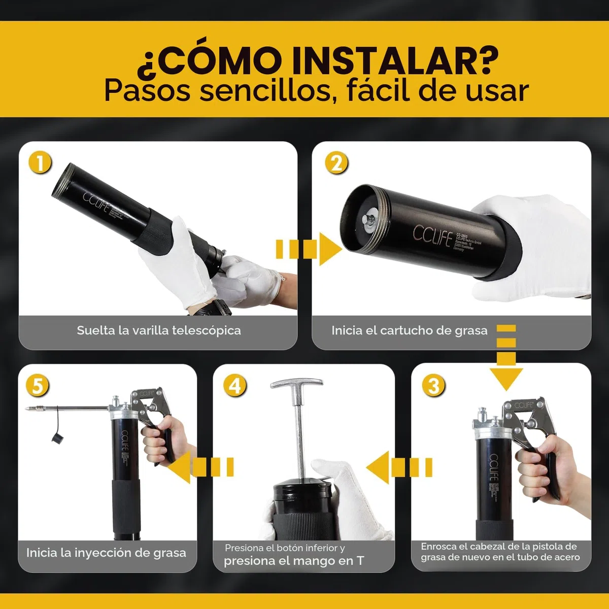 CCLIFE Pistola Engrasadora Manual 6000 PSI, Bomba de Engrase con Manguera Flexible, Engrasadora Profesional de Metal para Cartuchos de 400gr