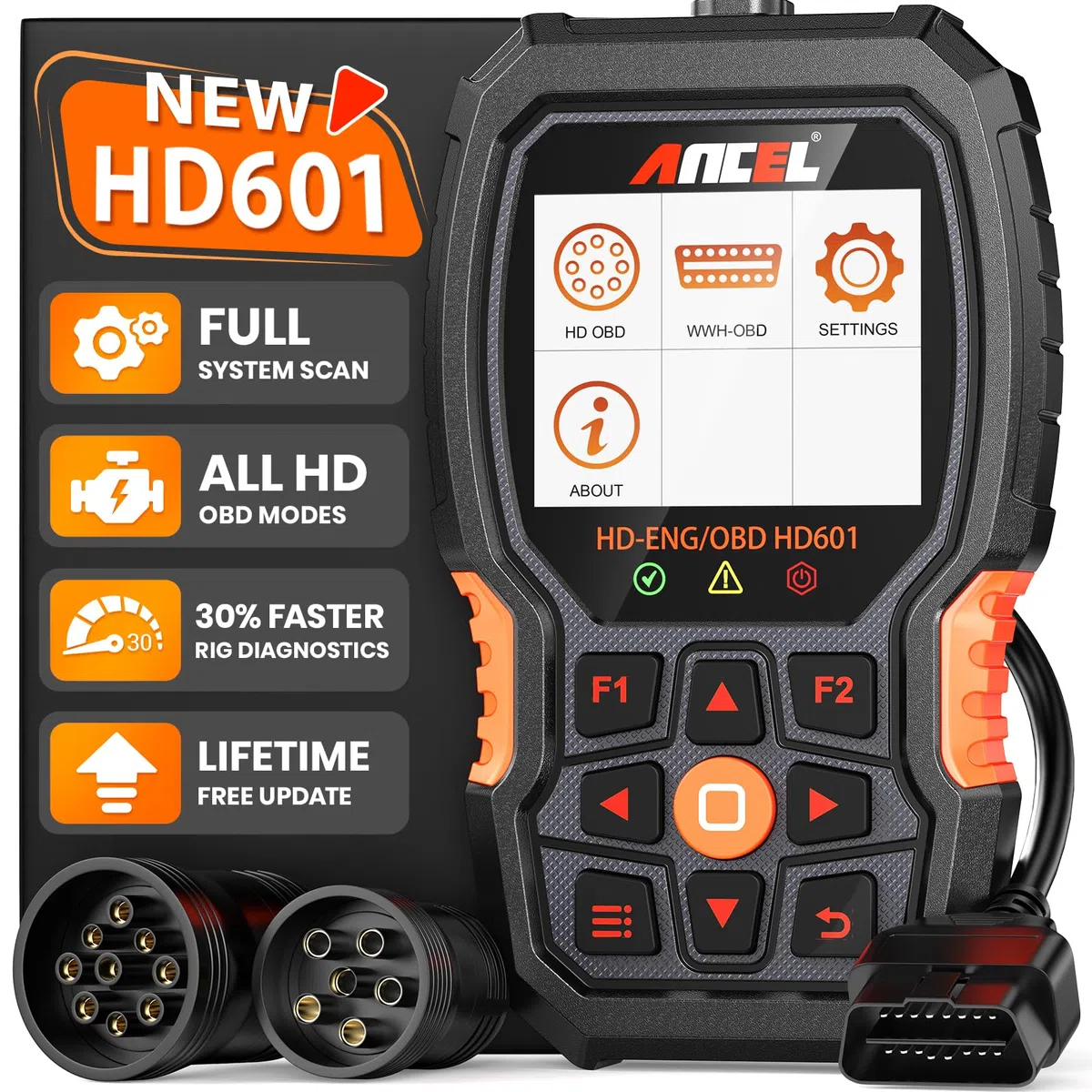 ANCEL Nuevo escáner de camión HD601 resistente, herramienta de escaneo de diagnóstico de sistema completo diésel para Cummins, Detroit, Volvo, Paccar y Caterpillar, lector de código HDOBD y OBD2 2 en