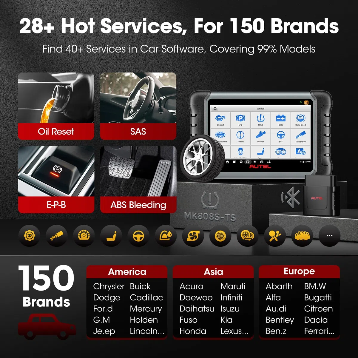 Autel MaxiCOM MK808S-TS Scanner, TPMS Completa Comprobar/Activar/Reaprender, MX-Sensores de Programación, BT Sistemas de Diagnóstico Completo, Prueba Activa, 28+ Servicios, AutoAuth para FCA SGW