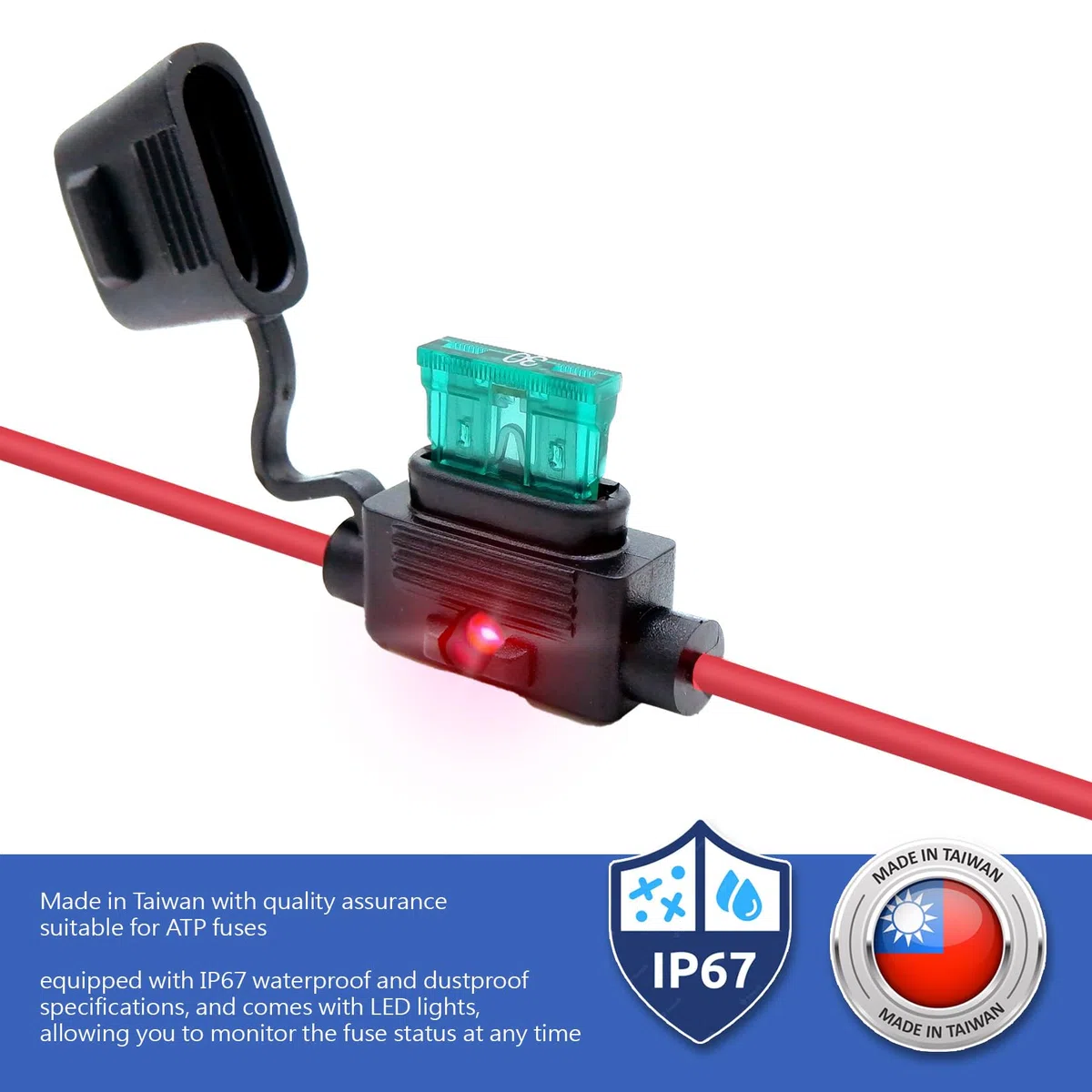 Portafusible LED en línea/aéreo impermeable/estanco IP67 para fusibles ATO/ATC de cuchilla, 12V-32V DC, hasta 30A, cable 12 AWG – Para coche, barco, moto, camper y sistemas solares – Pack 5