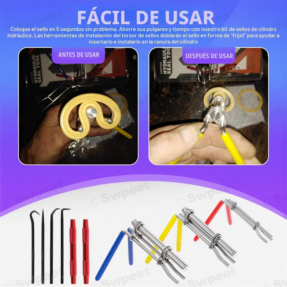 Swpeet 5 piezas de herramientas de instalación de sello hidráulico, herramientas de reparación de pistón de cilindro hidráulico, juego de herramientas de instalación de sello en U de torsión con juego