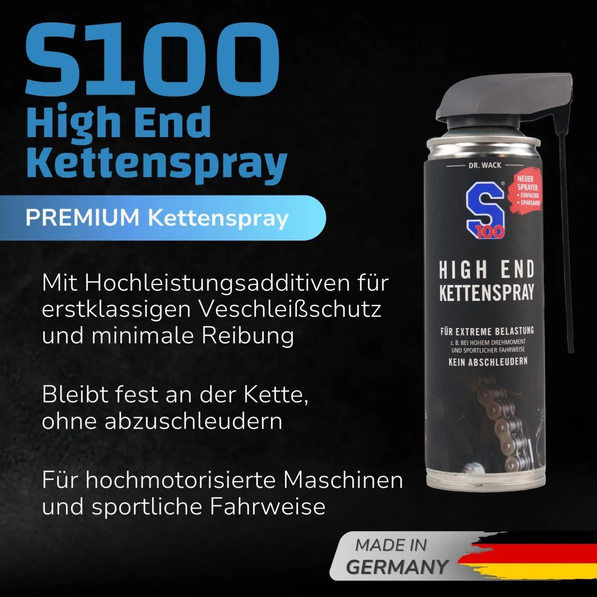 Dr. Wack - S100 High End Kettenspray 300 ml I Premium Motorrad-Kettenöl para cargas extremas I Kettenspray para todas las motocicletas I alta calidad Motorradpflege - Made in Germany