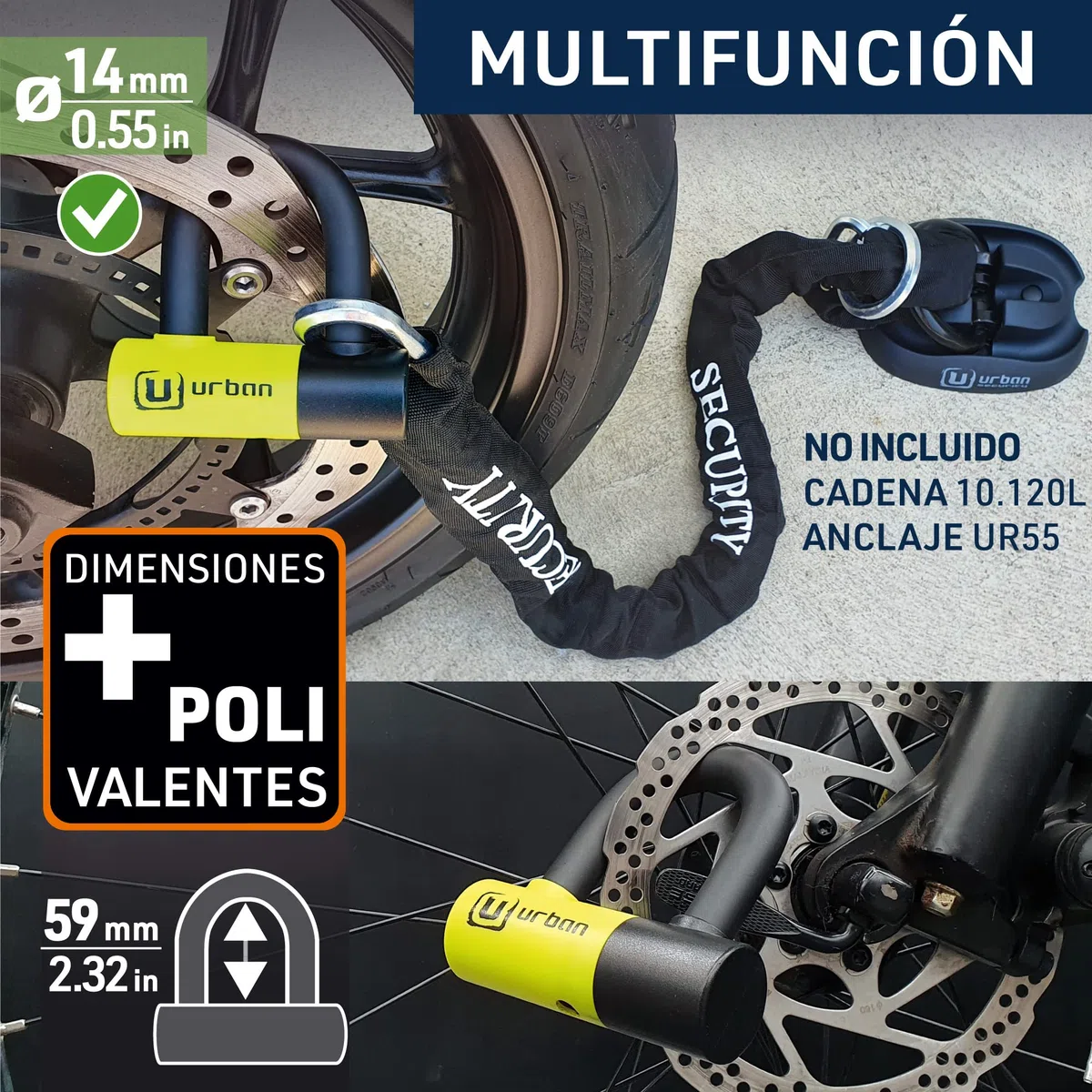 URBAN UR59 Candado Moto Disco Mini U ø14mm, Alta Seguridad, Antirrobo Moto Doble Función Bloqueo Pinza Freno o Cadena Seguridad, Doble Cierre Acero Endurecido, Cable Recordatorio, Cepo Moto Universal