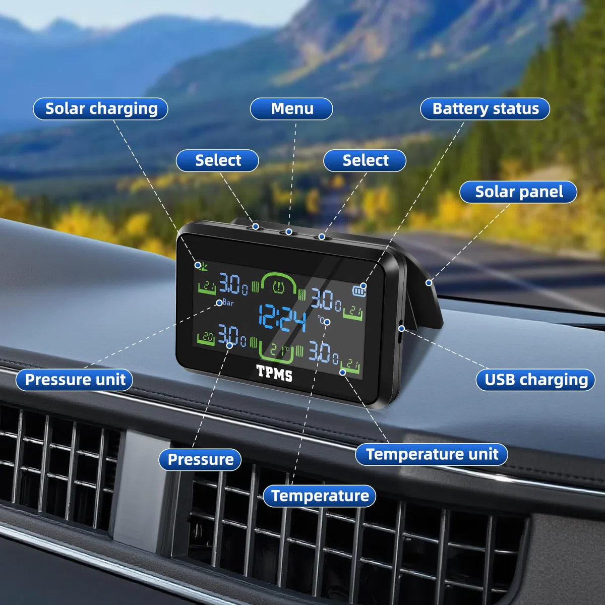 TPMS Sistema Monitoreo de Presión de Neumáticos con Soporte, Control Presion Neumaticos Coche, Carga Inalámbrica, Alerta de presión, Pantalla de Temperatura del Neumático 5Bar/99PSI