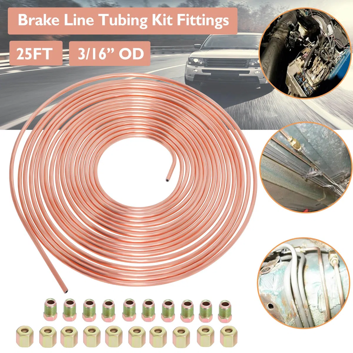 Tubo de Freno de Acero Recubierto 10m Ø3/16" (4,75mm), Kit de Tubería de Línea de Freno General para Coche con 20 Tuercas por Poweka