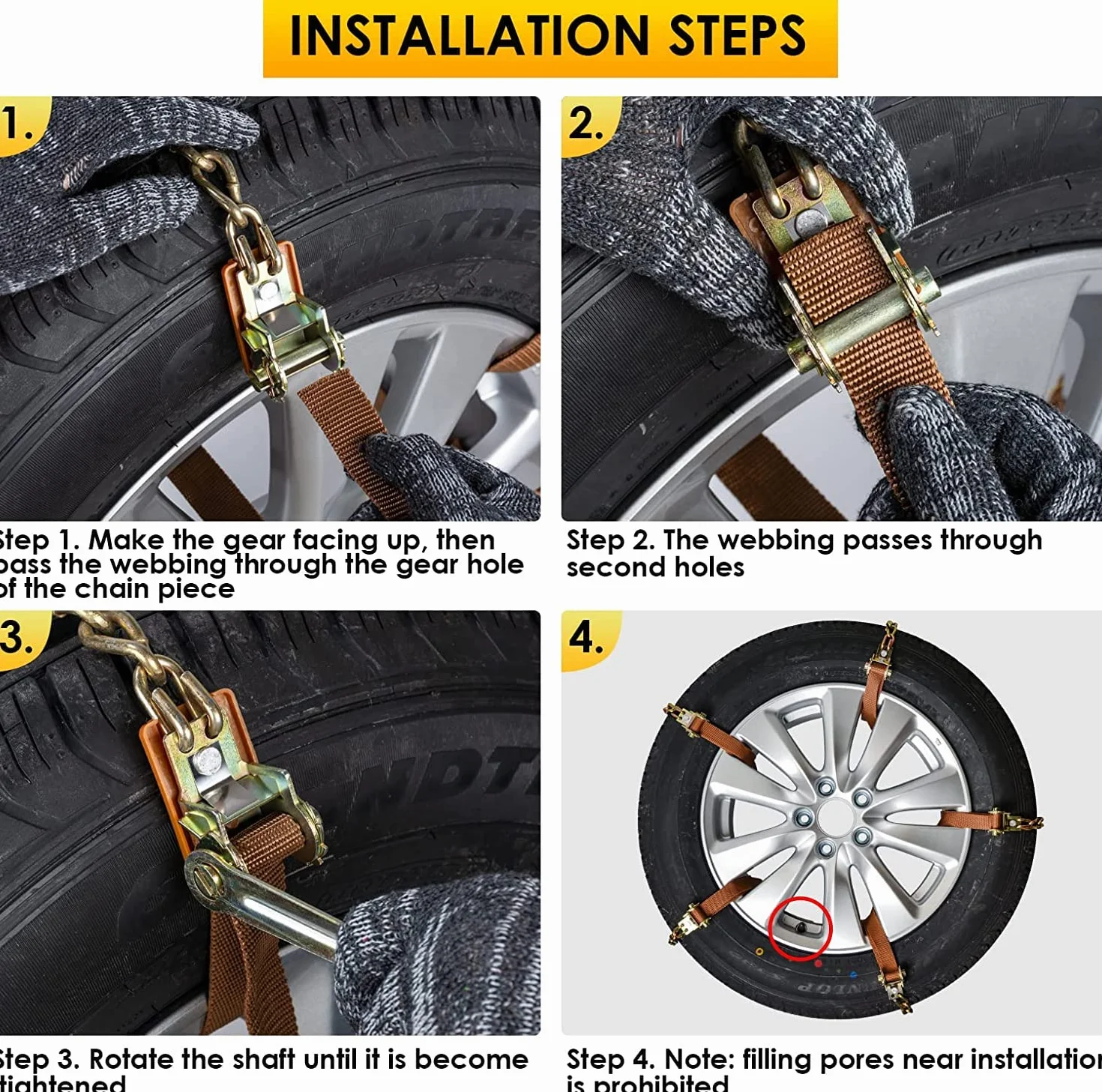 Cadenas de nieve 8 piezas Cadenas ajustables antideslizantes con pala de nieve de plástico y guantes Fácil de instalar Cadena de nieve duradera para neumáticos para automóvil, SUV