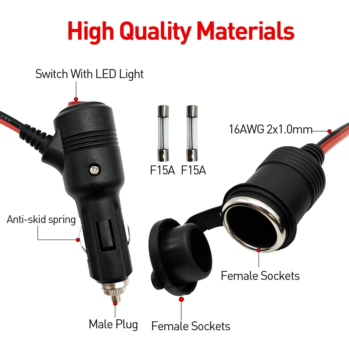 12V 24V Alargador Mechero Coche con interruptor, Cable Alargador para Encendedor de Cigarrillos 16AWG con Fusible de 15A para Automóviles Motocicletas Coche y Camión (0.5M)