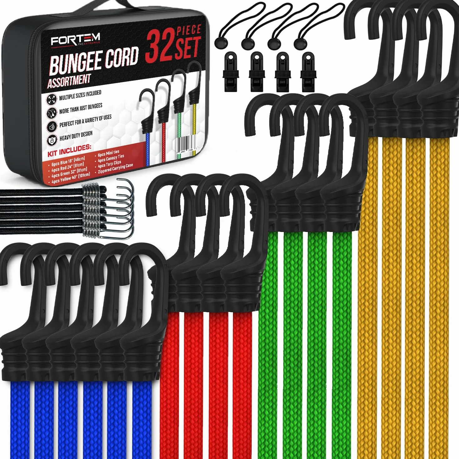 FORTEM Multipack Accesorios de Coche, 32 Piezas Muy Resistentes - Pulpos Elásticos con Gancho - Tensores de Lona - Cinchas de Amarre Elásticas con Bola - Ganchos de Metal plastificado