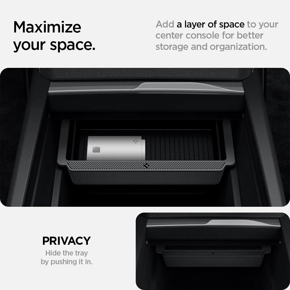 Spigen Tesla Model Y Juniper (Solo Premium & Performance 2025/26) Y Model 3 Highland (Standard, Premium & Performance 2024/25/26) Bandeja Organizadora Consola Central con Tecnología de Deslizamiento