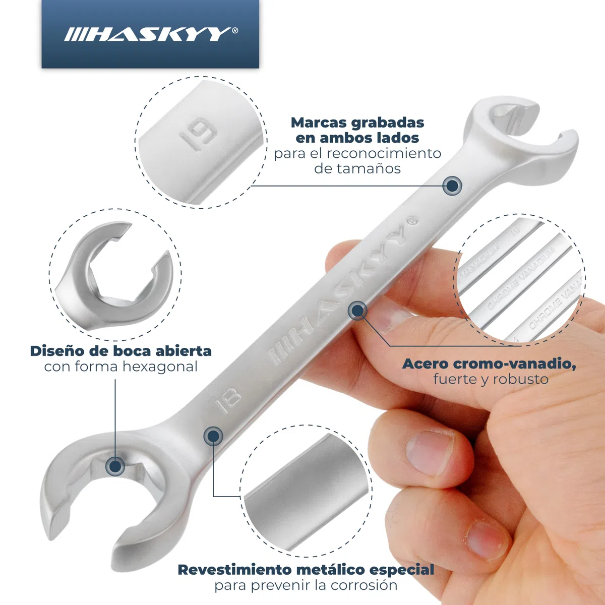 HASKYY Juego de llaves para tubos de freno I de 6 piezas I llave anular abierta I llaves para tubos de freno I tubo de frenos de 8-19 mm