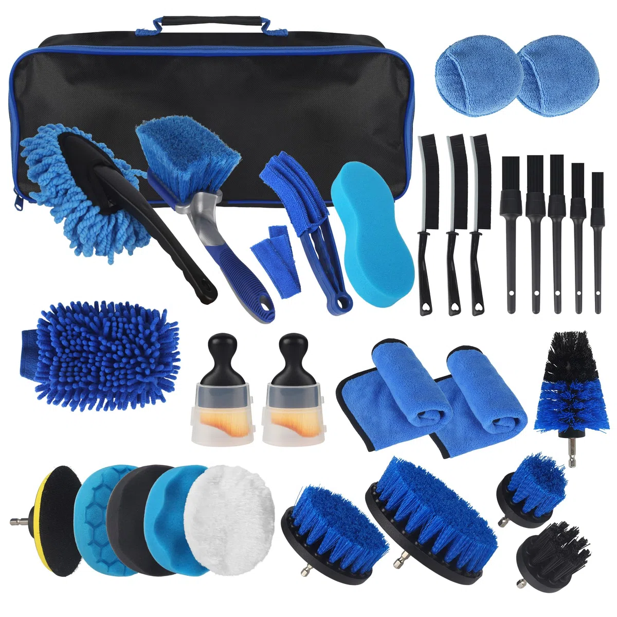 Kit Limpieza Coche 31 Piezas Bolsa de Transporte Práctica, Juego de Lavado de Coche Interior y Exterior, Cepillos Detailing, Paño de Fibra,Esponjas de Pulido,Cepillo para Taladro Eléctrico