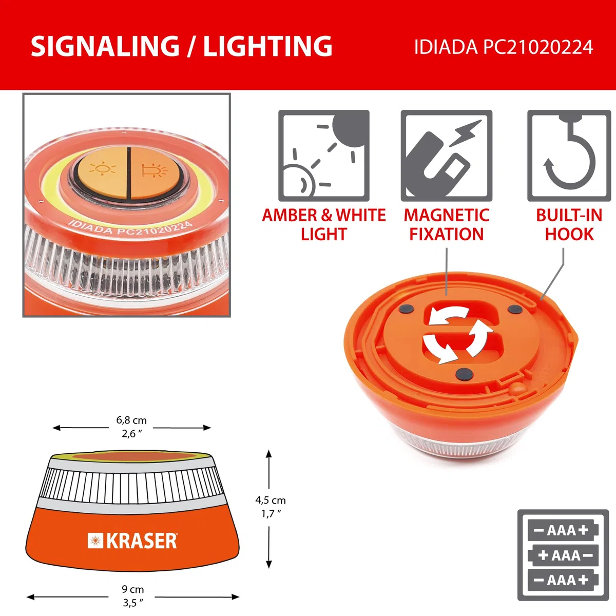 KRASER KR4V16N Luz Holomogada (No conectada DGT) LED Intensidad, Baliza Luminosa de Emergencia Imantada, Autónoma, Compacta y Ligera + Linterna con Colgador