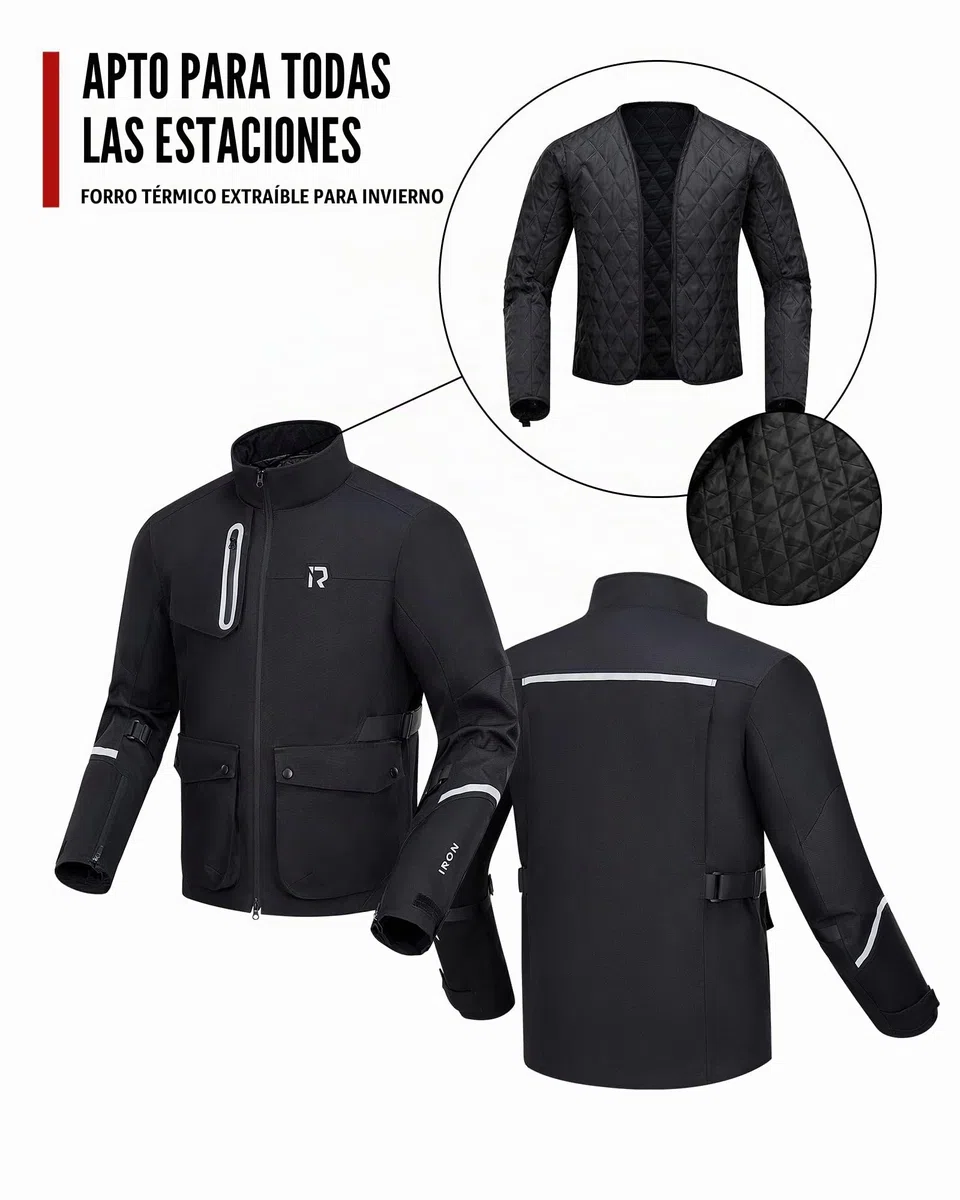 RIDEIRON Chaqueta moto hombre con Protección CE,chaqueta moto invierno con forro extraíble para proteger del frío y el viento en todas las estaciones,Negro