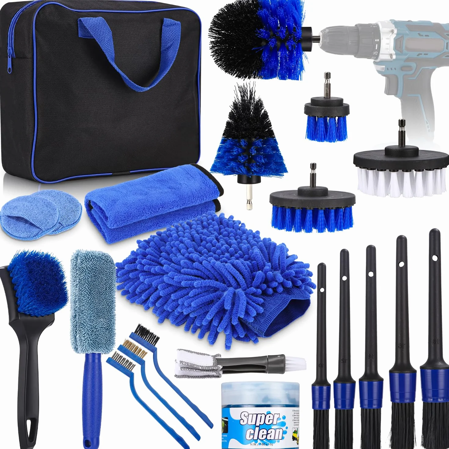 Kit Limpieza Coche, Práctica Bolsa de Transporte Incluida,30 Piezas Cepillo Limpieza Coche,Kits de limpieza para la limpieza del automóvil,Kit Detailing Coche, Incluye cabezal, paño de limpieza, etc.