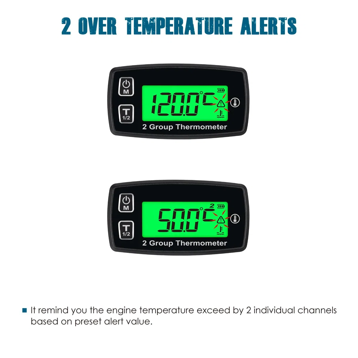 Runleader Medidor de temperatura digital, 2 grupos de visualización de temperatura para motocicleta, tractor, pitbike, moto, quitanieves, motosierra, barco, paramotor.