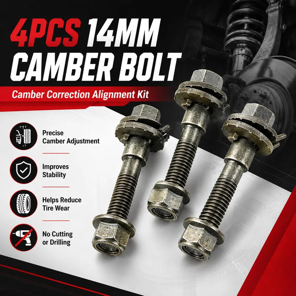 14mm Perno De Leva, 4PCS Perno Camber Pernos De Inclinación De Rueda, Alineación De Cuatro Ruedas Perno De Leva Ajustable Camber Kit, Camber Bolts Cam Bolt Kit Para Alineación De Cuatro Ruedas