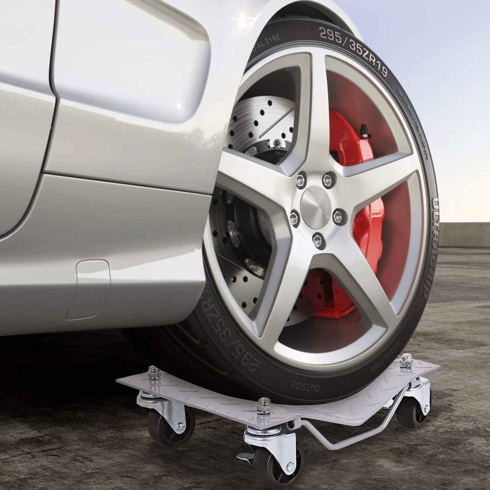 COSTWAY Juego de 4 Plataformas Rodantes Con Capacidad de 2720 KG, de Acero Con Ruedas Bloqueables y Mango, Para Mover Coches, Camiones, Tractores, Motocicletas, Gris