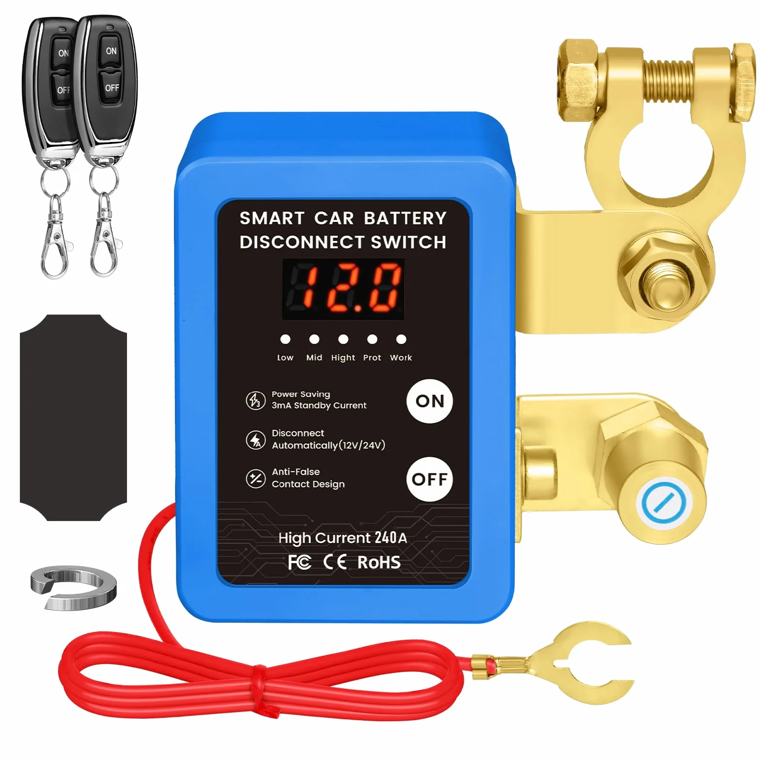 Desconectador de Bateria Coche, 12V 240A Corta Corriente Bateria Coche, Interruptor de Desconexión de Batería Remota con 2 Telecontrol, Interruptor de Batería para Coche Camión RV ATV (Blue)