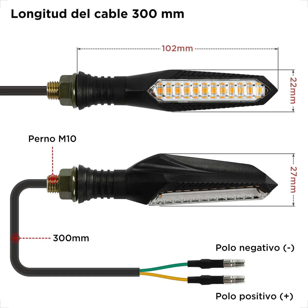 evermotor Secuencial intermitente, LED Intermitentes Homologados, 2 piezas 12 V, para motocicleta, E-mark, longitud del cable 300 mm