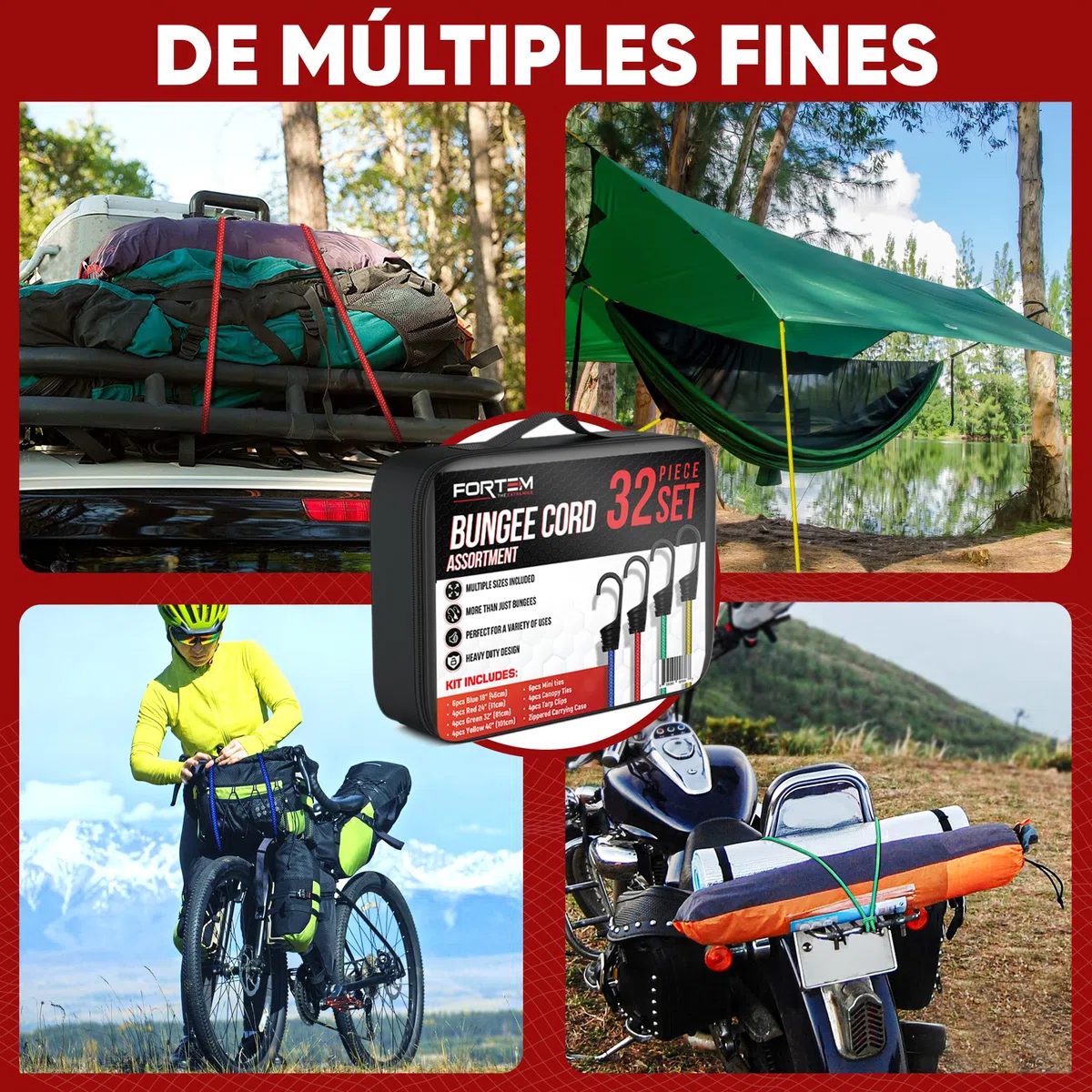 FORTEM Multipack Accesorios de Coche, 32 Piezas Muy Resistentes - Pulpos Elásticos con Gancho - Tensores de Lona - Cinchas de Amarre Elásticas con Bola - Ganchos de Metal plastificado