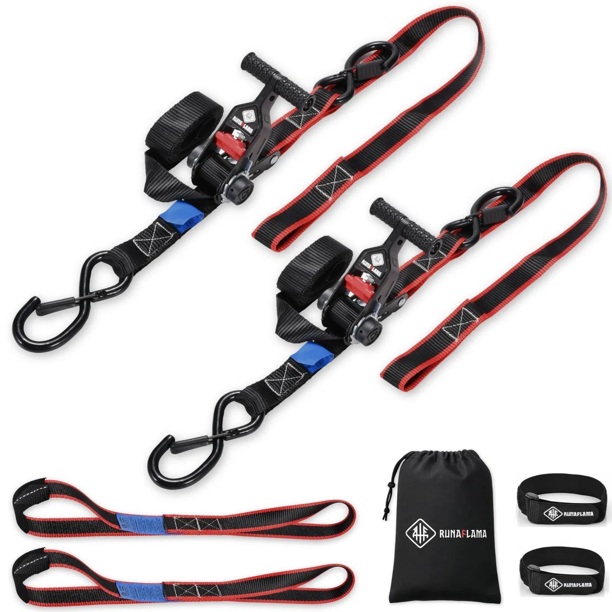 Cinchas de Amarre Moto con Carraca - Eslingas de Carga para Remolque - Trinchas de Sujeción a Portamotos - F. Rotura 800 kgf/Cinta - 2 Correas con Ganchos de 1,9m + 2 Eslingas de Amarre