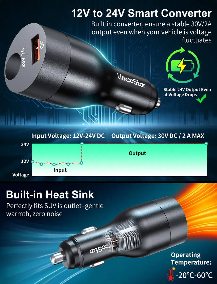 Starlink Mini Adaptador de Coche de 60 W de 12 V a 24 V CC, convertidor Elevador para Cable Oficial de 16 AWG 30 m, Adaptador Starlink Mini 12 V 2 en 1 Adaptador de Encendedor de Cigarrillos de Coche