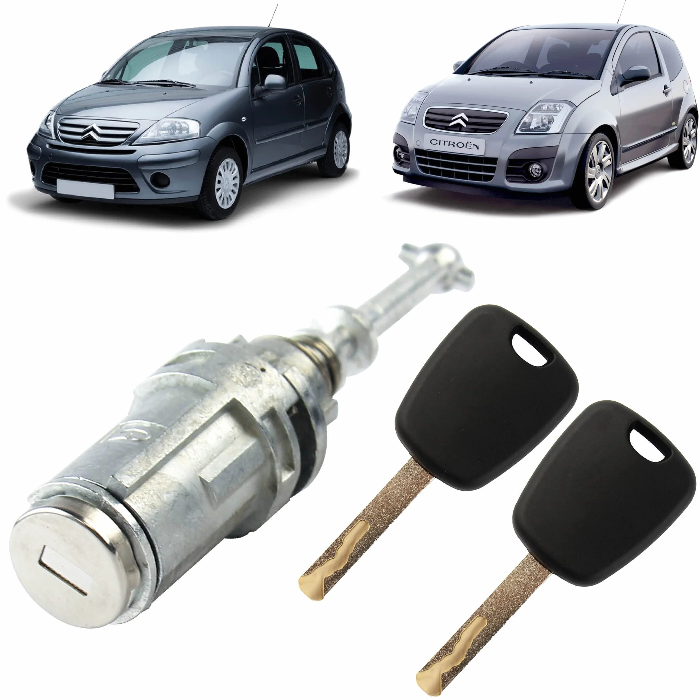 Cerradura puerta compatible para Citroen C2, C3 y C3 Pluriel (2002-2011) delantero izquierdo (conductor) Bombin cerradura con duplicado de llave | 9170T9