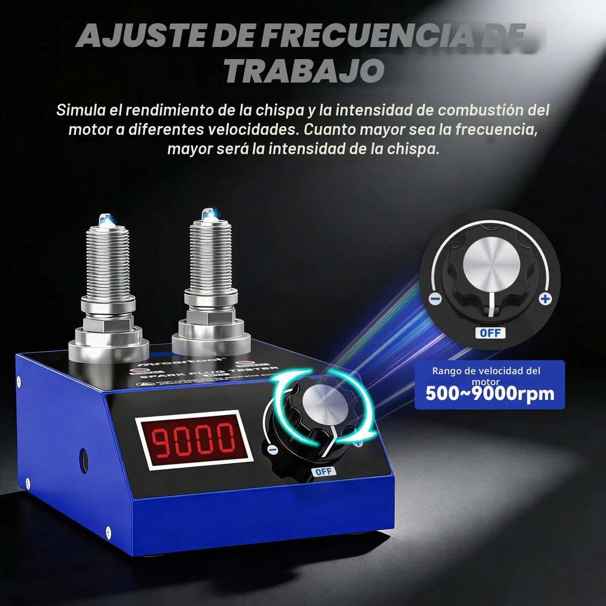 MRCARTOOL Comprobador de bujías 500~9000rpm Analizador de Encendido con Toma de Doble Orificio Ajustable 220V Comprobador Largo para Vehículos 12V 24V