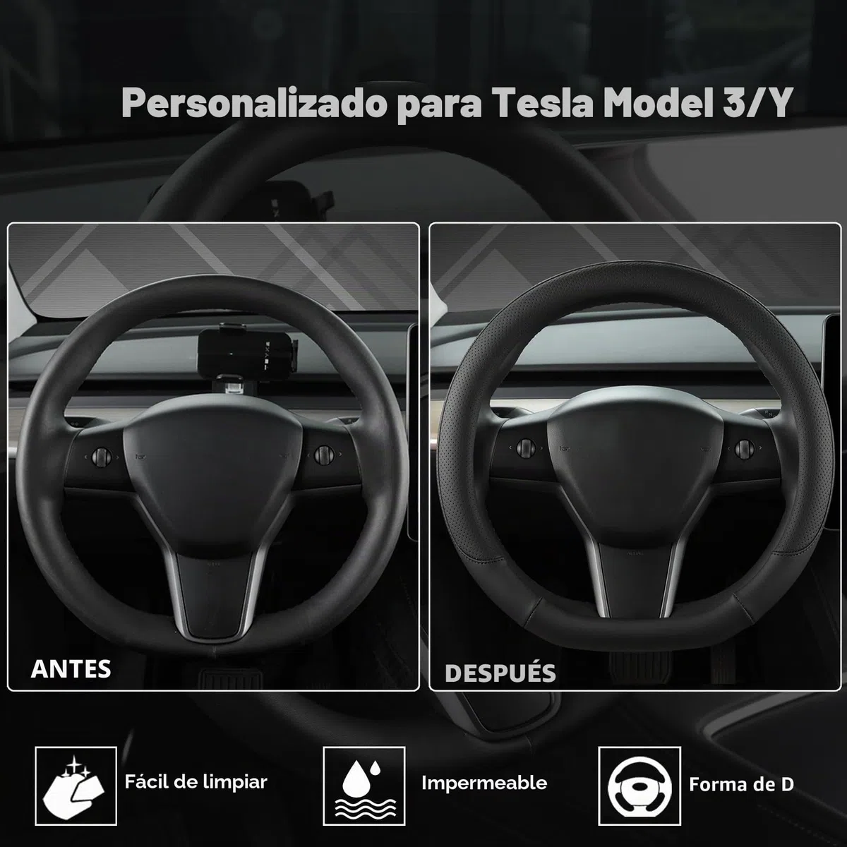 GIANT PANDA Funda Volante Coche para Tesla Model 3 / Tesla Model Y, Forma D, Color Negro