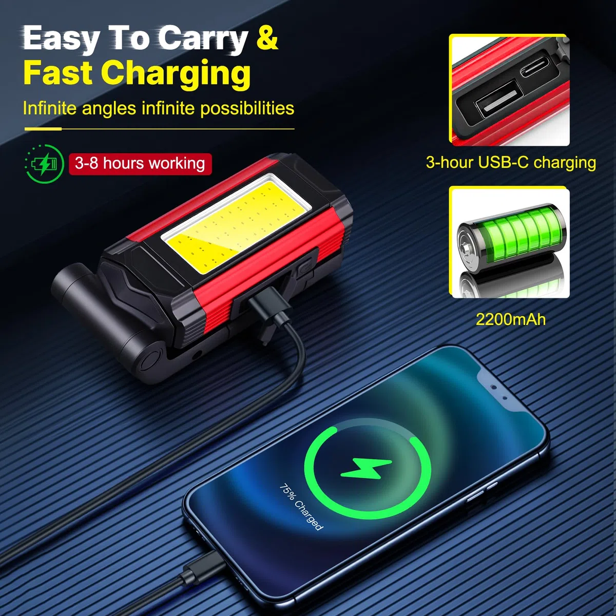 Luz de Trabajo LED, Linterna Taller, Lámparas de inspección Recargable, Base Magnética, 7 Modos Trabajo, Soporte Giratorio Gancho Plegable, para Reparación de Automóviles, Taller, Camping, 2 Piezas