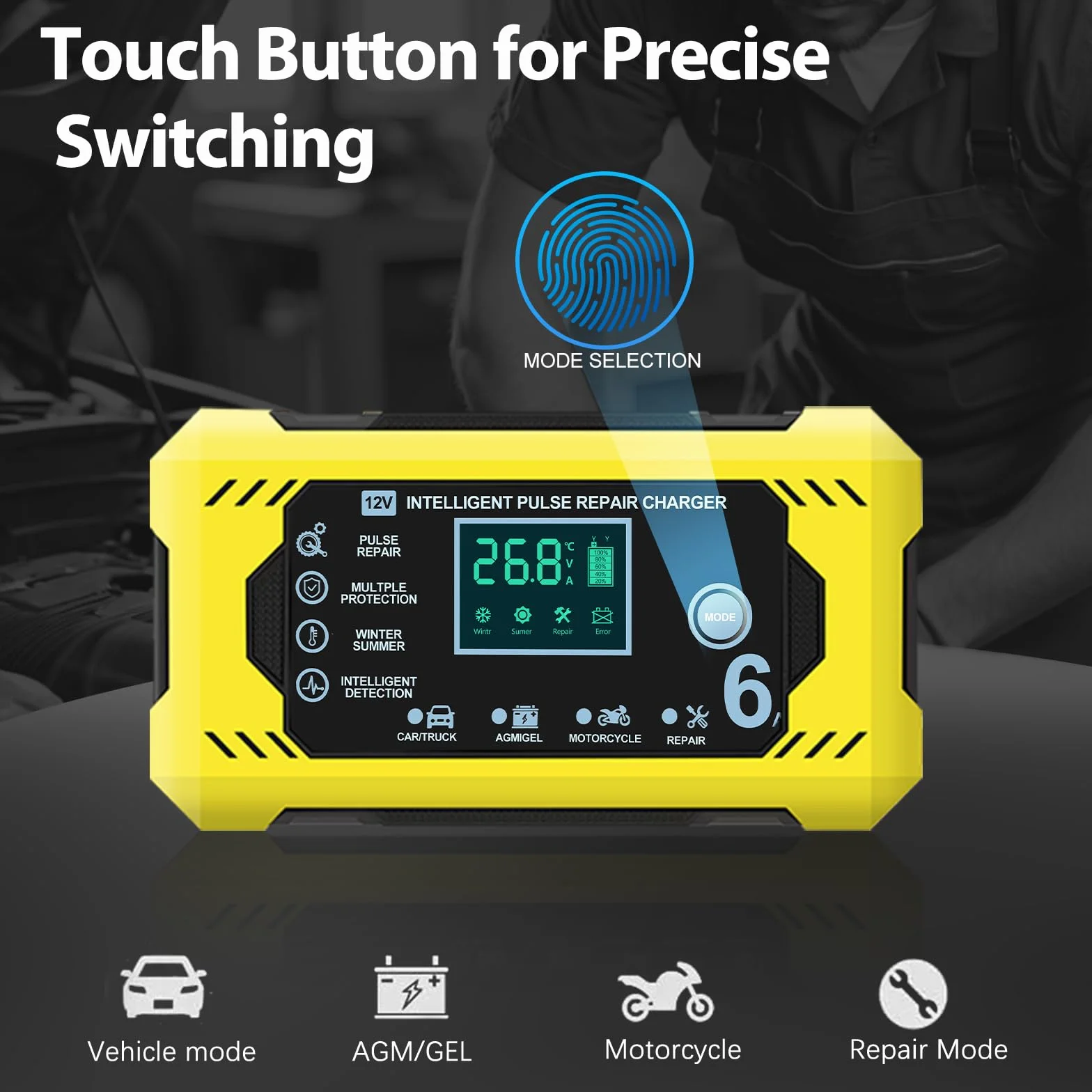 Cargador Baterias Coches Moto 12V 6A Inteligente Completamente Automático con Pantalla Táctil LCD,Automática de Detección Reparación Mantenimiento y Múltiples Protecciones para Plomo-ácido/AGM/Gel