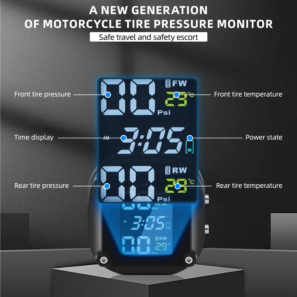 KAOLALI Motocicleta TPMS Sistema de monitoreo de presión de neumáticos con Pantalla LCD de 2 sensores externos Carga USB magnética e IP67 Impermeable