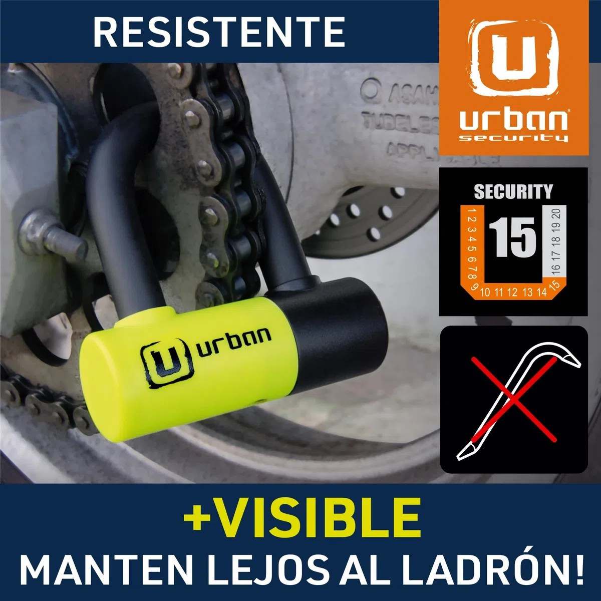 URBAN UR59 Candado Moto Disco Mini U ø14mm, Alta Seguridad, Antirrobo Moto Doble Función Bloqueo Pinza Freno o Cadena Seguridad, Doble Cierre Acero Endurecido, Cable Recordatorio, Cepo Moto Universal