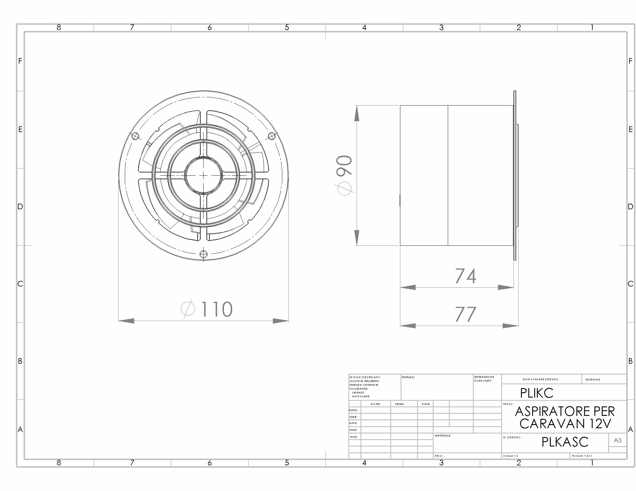 Plikc ASC - Aspirador Axial con Ventilador 12 Vcc para Caravanas, Diámetro del Orificio 90 mm