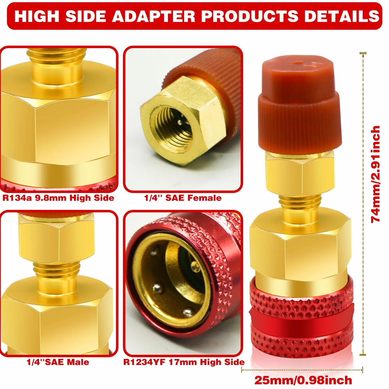 Adaptadores R1234yf a R134a, Kit de Recarga de refrigerante R1234yf a R134a,Lado Alto/bajo Adaptadores para R1234yf/R134a Recarga de evacuación del Sistema de refrigerante de CA del automóvil