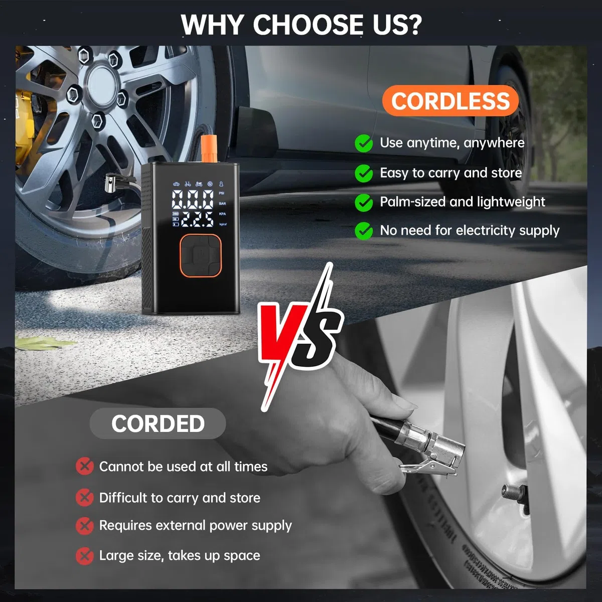 Inflador de Neumáticos y Compresor de Aire Portátil para Coche, Bicicleta – Bomba de Aire Eléctrica con Manómetro Digital, Recargable (Bomba Portátil)